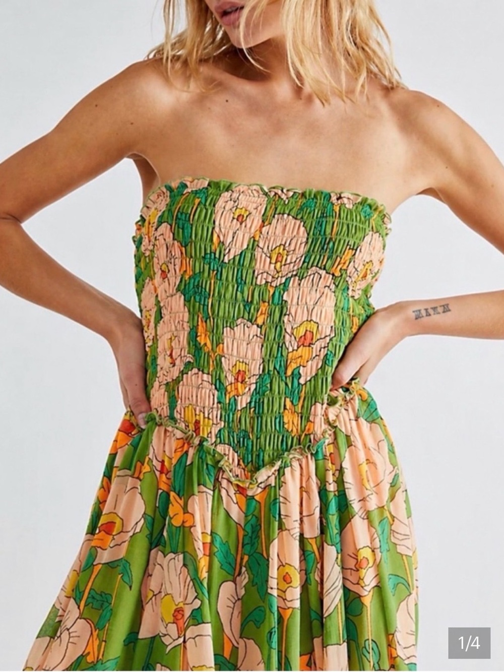 Free People Vibrant Green Floral Strapless Wide-Leg Jumpsuit - Picture 2 of 12